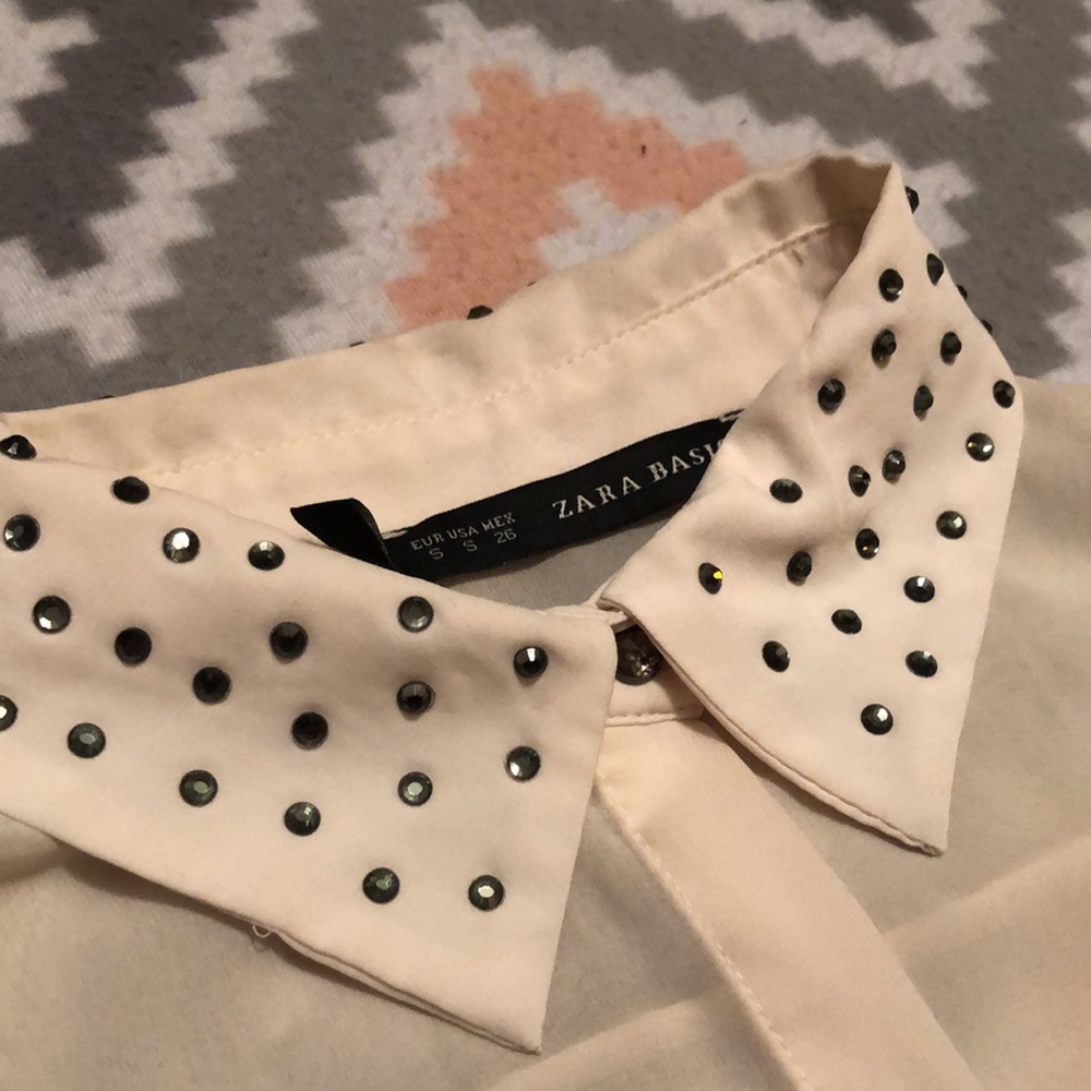 Zara Basic Sheer Cream Button Down W/Rhinestones - image 2